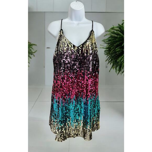 Colorful Sequin Party Mini Dress Sz M Sleeveless V-Neck Prom Discocore Y2K - Picture 1 of 5